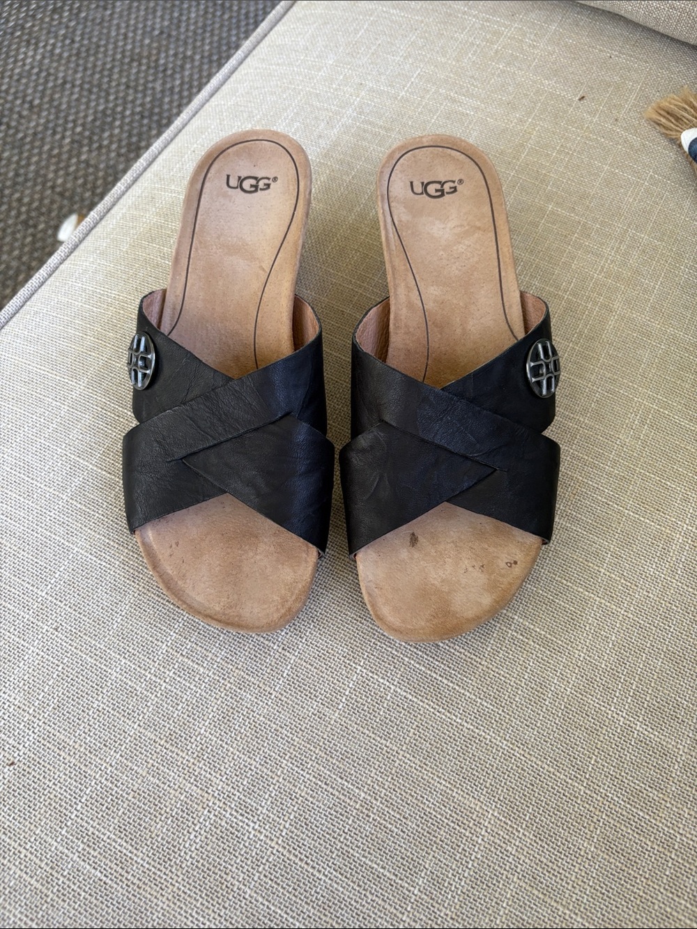 UGG Black Leather Crisscross Slide Sandals